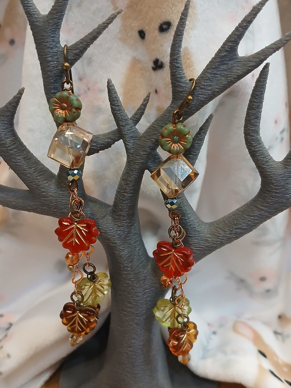 Bohemian Autumn Leaf Dangle Earrings in Green & Orange